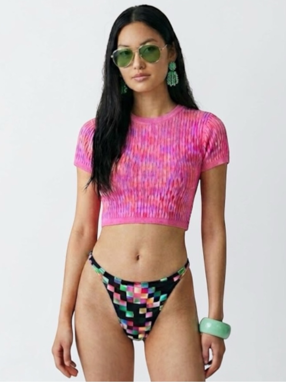 NWOT Multicolor Checkered Thong Bikini Bottom Made in Brazil